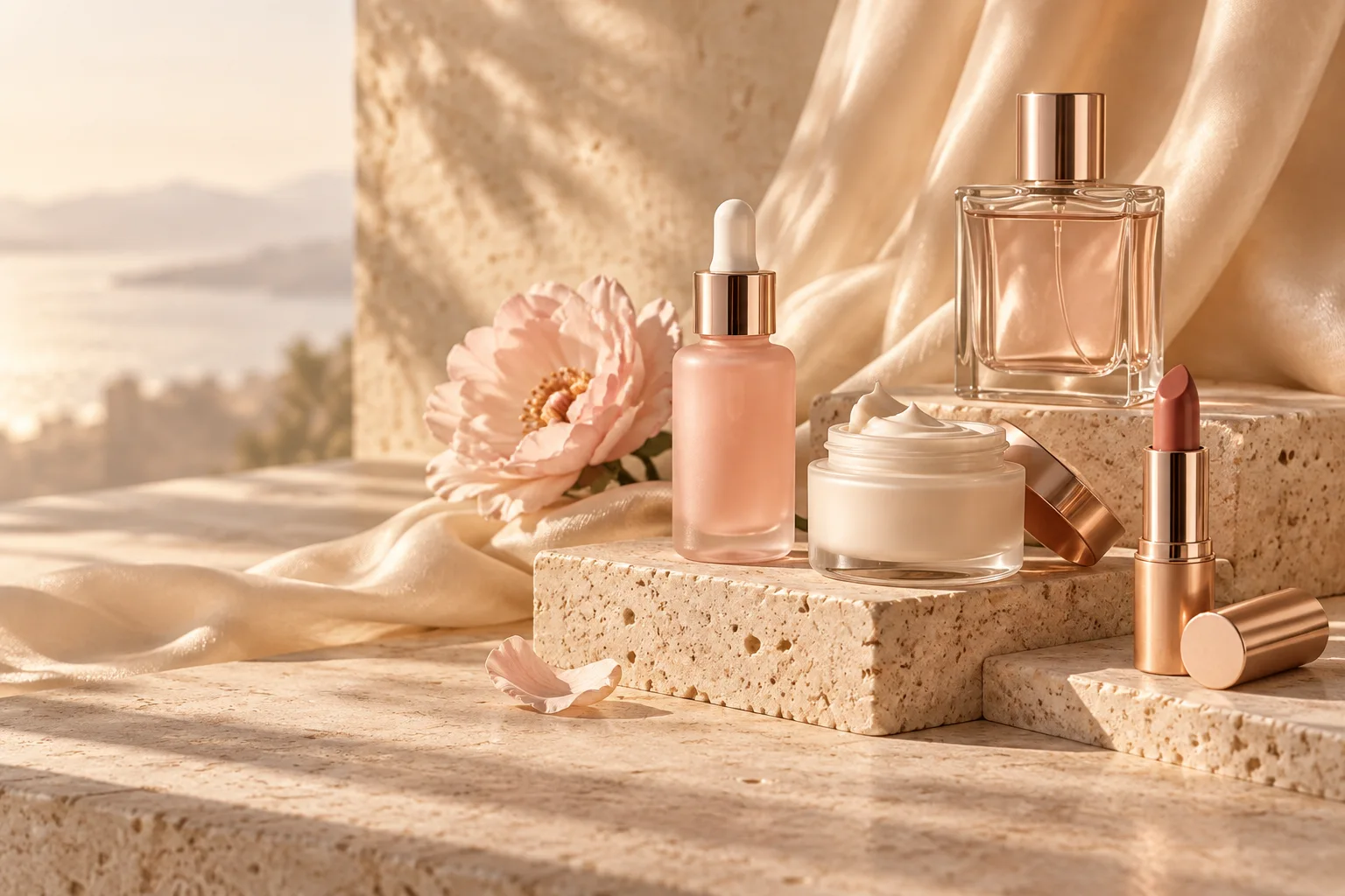 Composition beauté dans des tons nude et rose poudré